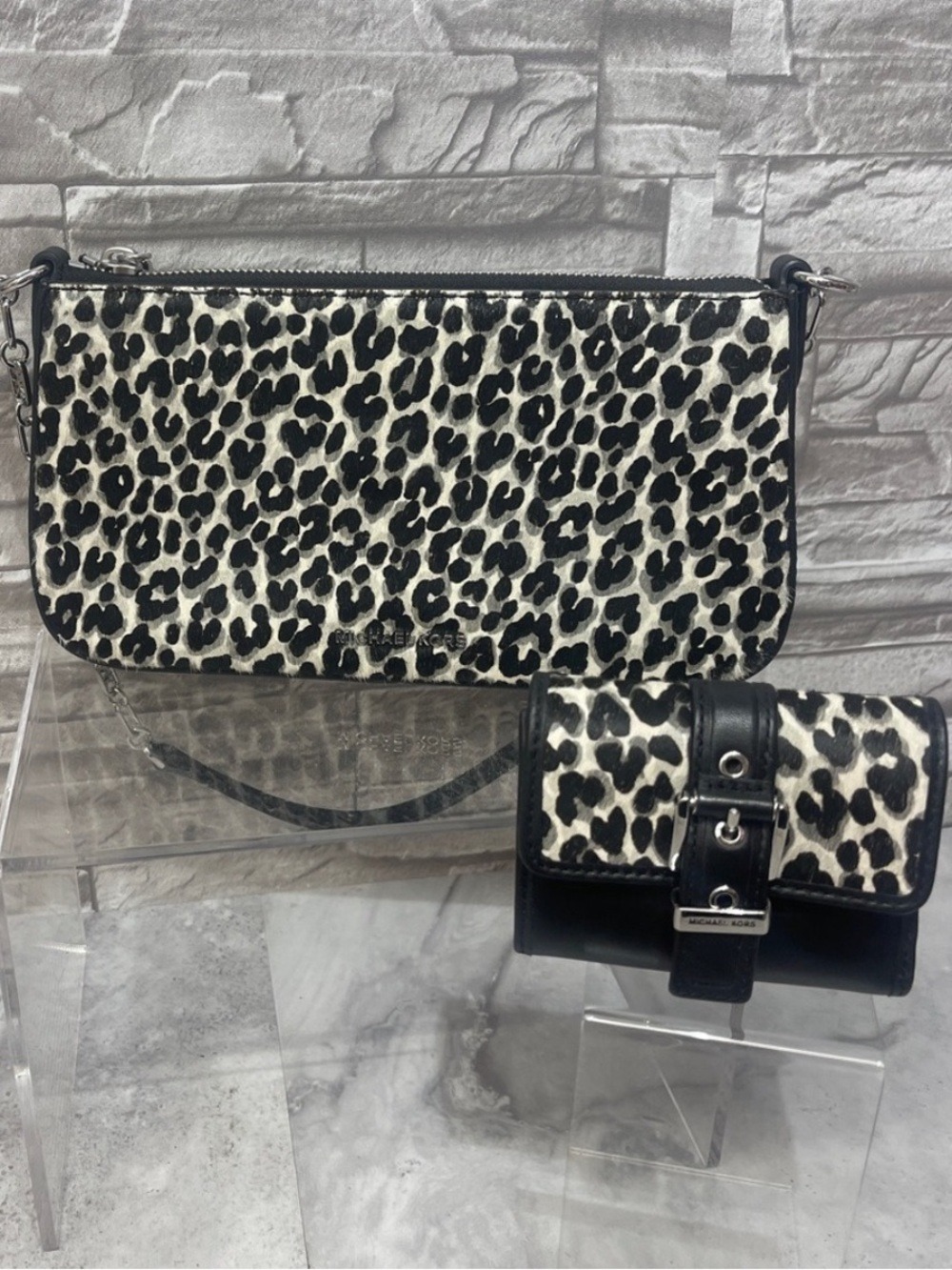 Michael Kors Leopard Print Pochette & Matching Wallet Black Calf Hair Leather
